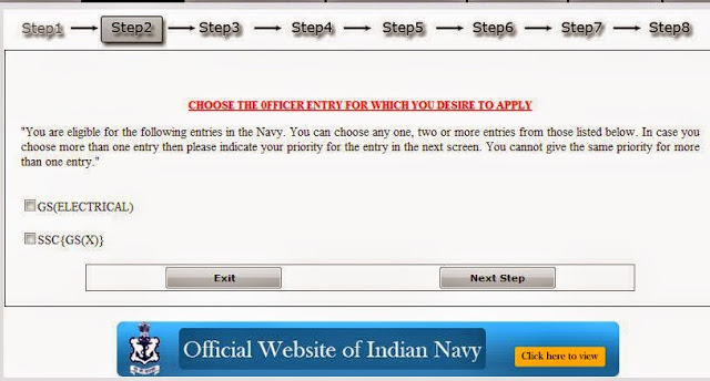 Selecting entry type of Indian Navy exam